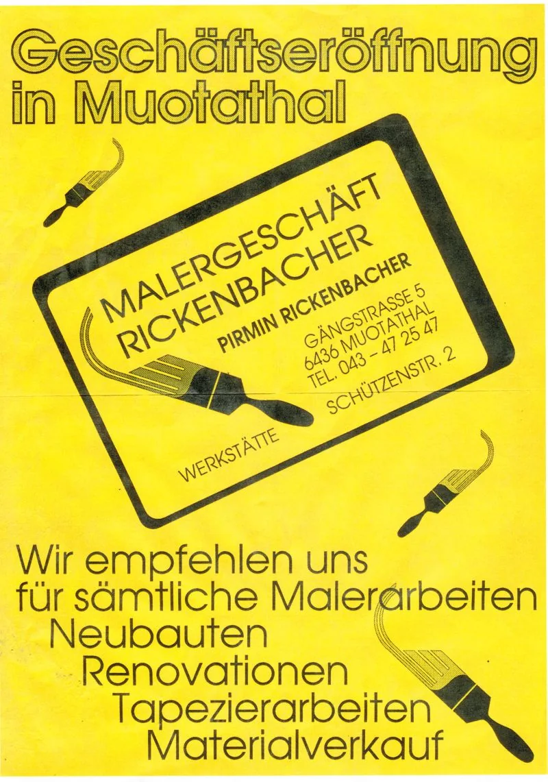 Historisches Inserat zur Geschäftseröffnung des Malergeschäfts Rickenbacher in Muotathal